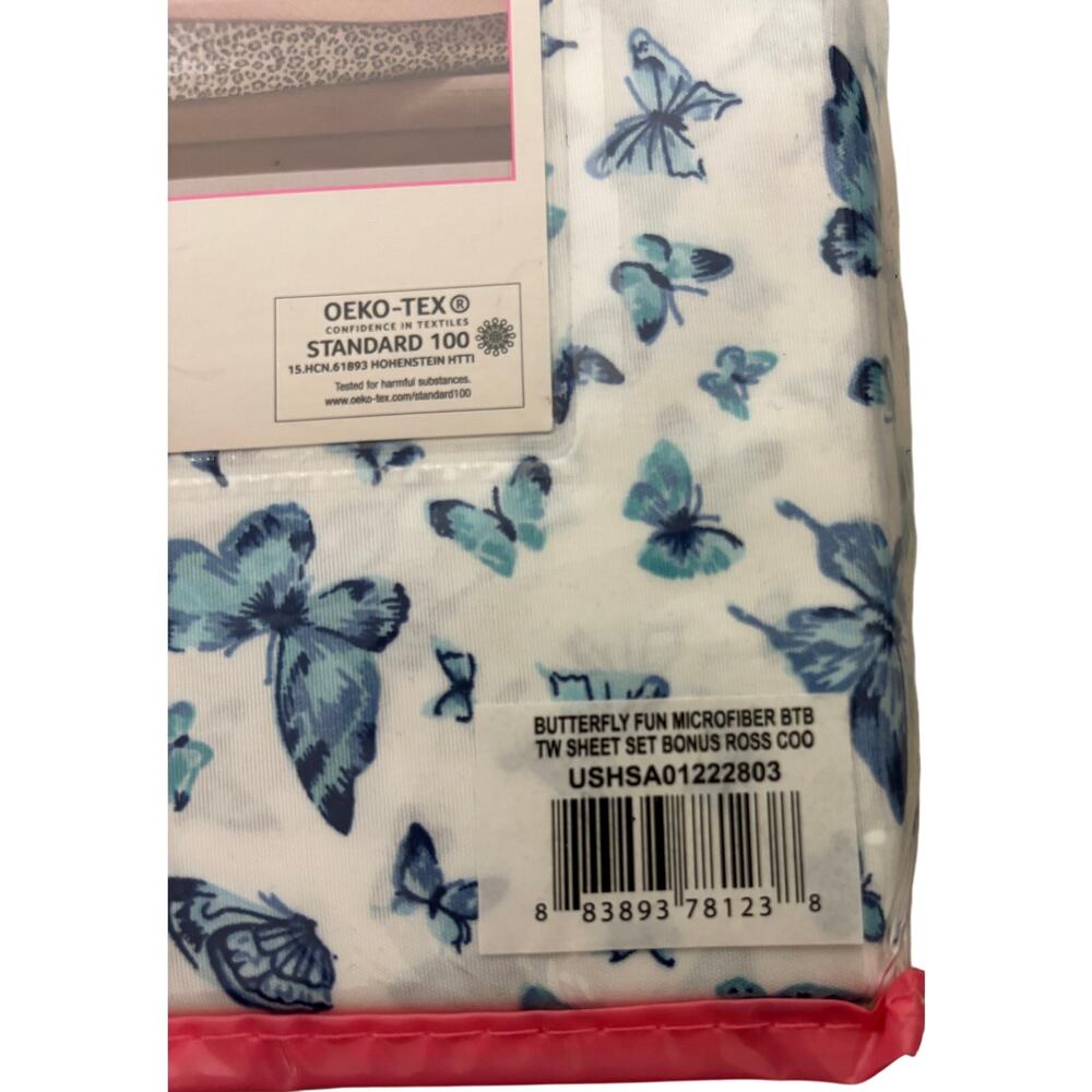 Betsey Johnson Butterfly Twin Sheet Set 4 Piece Microfiber Blue White NIP New - Picture 7 of 7
